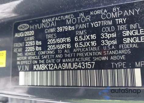 2021 Hyundai Kona Se from USA, damaged, VIN KM8K12AA9MU643157